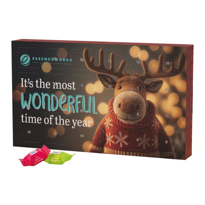 Firmengeschenk Adventskalender ECO L – mit weihnachtlicher hülle – mit individuellem werbeaufdruck als weihnachtsgeschenk für mitarbeiter