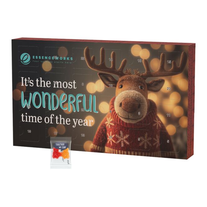 Firmengeschenk Adventskalender ECO L – mit weihnachtlicher vollkartonhülle – mit individuell bedrucktem etikett als weihnachtsgeschenk