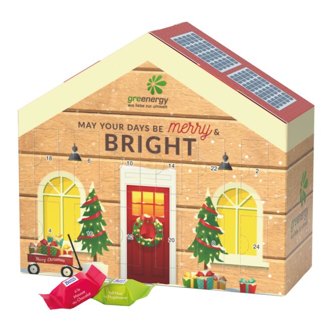 Firmengeschenk Adventskalender Haus – individuell bedruckt – 100% recycelbarer Adventskalender als Werbemittel für Unternehmen