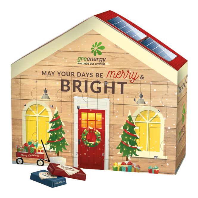 Firmengeschenk Adventskalender Haus – mehrfarbig – mit Logo bedruckt klimaneutraler Kalender als Werbemittel für Firmen