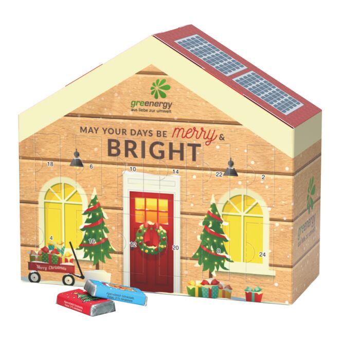 Firmengeschenk Adventskalender Haus – individuell bedruckt – klimaneutrales Werbemittel für Messen und Events