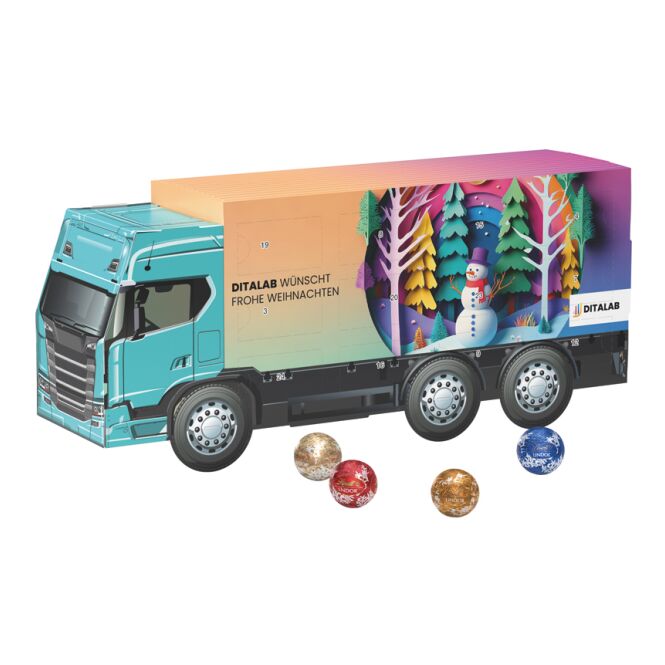 Firmengeschenk Adventskalender LKW long – weihnachtlich – mit bedrucktem Etikett Adventskalender als Weihnachtsgeschenk für Kunden und Partner
