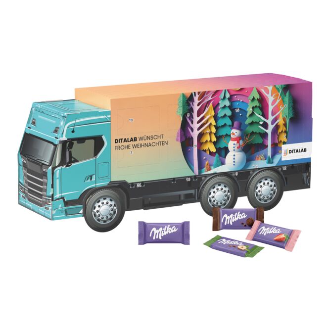 Firmengeschenk Adventskalender LKW long – weihnachtszeit – mit individueller Banderole als Weihnachtsgeschenk für Kunden und Partner