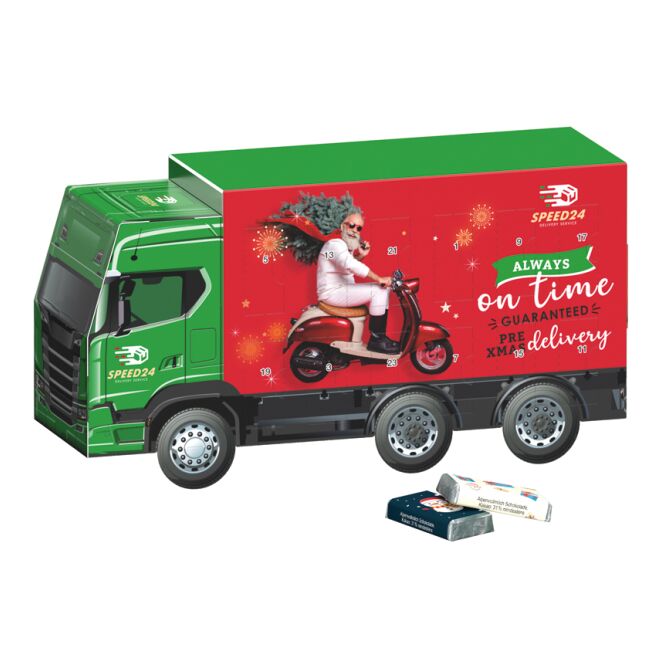 Firmengeschenk Adventskalender LKW – weihnachtlich – mit bedrucktem Etikett Adventskalender als Weihnachtsgeschenk für Kunden und Partner