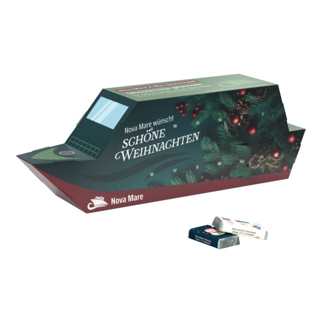 Mitarbeitergeschenk Adventskalender Schiff – bunt – mit individuellem Werbedruck, kompostierbares Inlay, nachhaltiges Firmengeschenk