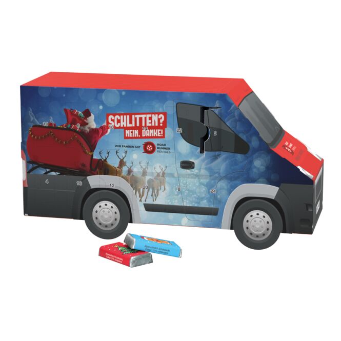 Mitarbeitergeschenk Adventskalender Transporter – bunt – mit individuellem Werbedruck, kompostierbares Inlay, nachhaltiges Präsent