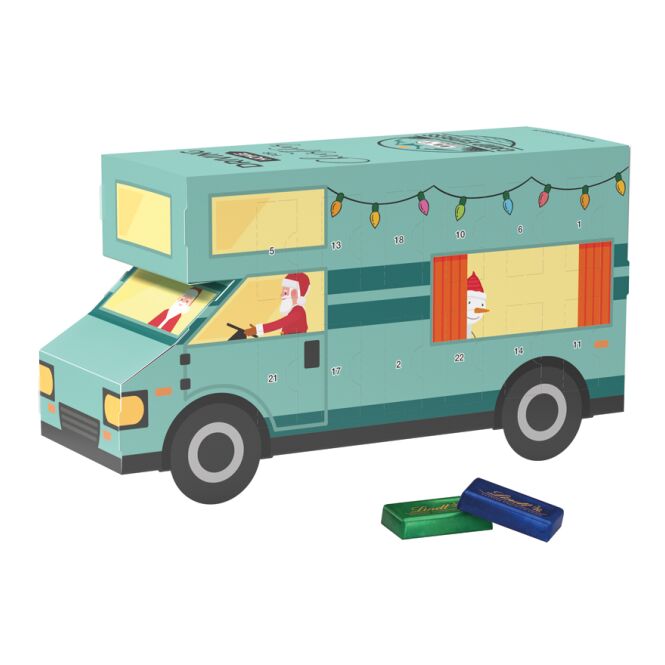 Firmengeschenk Adventskalender Wohnmobil – weihnachtlich – mit individuellem Werbeaufdruck für Mitarbeiter als Weihnachtsgeschenk
