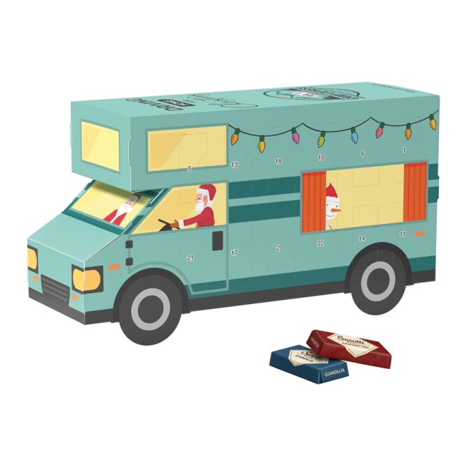 Firmengeschenk Adventskalender Wohnmobil – weihnachtlich – mit bedrucktem Etikett als Weihnachtsgeschenk für Kunden und Partner