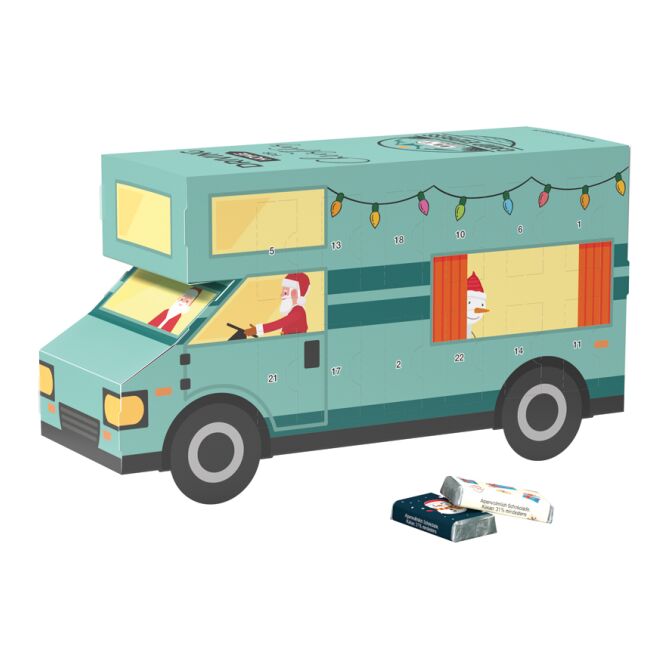 Firmengeschenk Adventskalender Wohnmobil – weihnachtlich – mit individuell bedrucktem Etikett als Weihnachtsgeschenk für Kunden und Partner