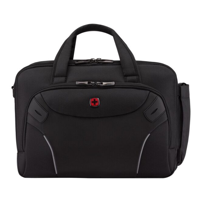 Firmengeschenk Aktentasche Wenger Cosmic – schwarz – mit Logodruck 100% rPET 14-16 Zoll Laptopfach nachhaltiges Business-Accessoire
