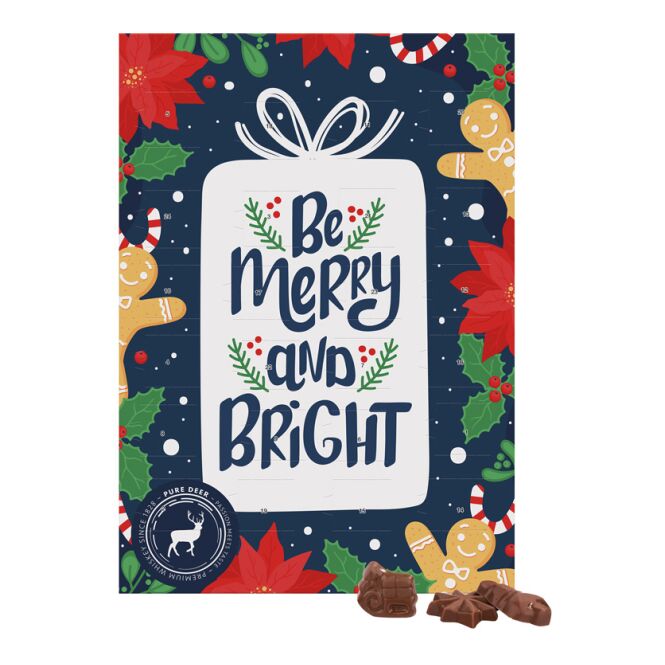 Firmengeschenk Adventskalender Classic – bunt – mit individuellem Werbedruck, recycelbar, Friedel Schokolade, nachhaltiges Print-Gimmick für CSR-Promotions