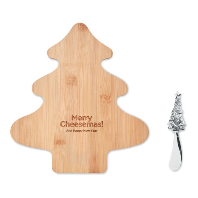 Firmengeschenk Käse-Set Bambus – holzfarben – mit Logodruck, Edelstahlmesser, ideal als edles Servierbrett für Firmenfeiern