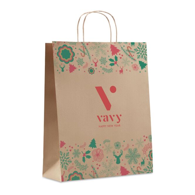 Mitarbeitergeschenk Geschenktüte 90g/m² – beige – mit Logo bedruckt 50% recycelt EU-Produktion nachhaltige Papiertasche für CSR