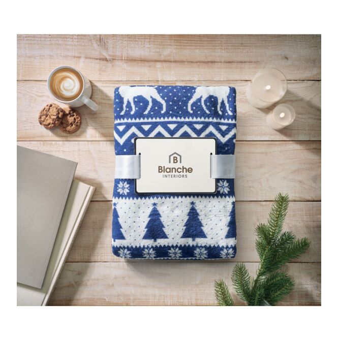 Werbeartikel nachhaltige RPET-Fleece-Decke 190 g/m² – blau – mit Logo bedruckt für Firmen-Events