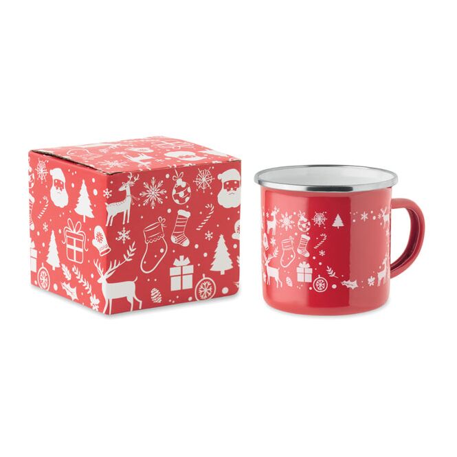 Werbeartikel Emaille-Becher 300 ml – rot – mit Logo bedruckt inkl. Geschenkbox für Messen und Events