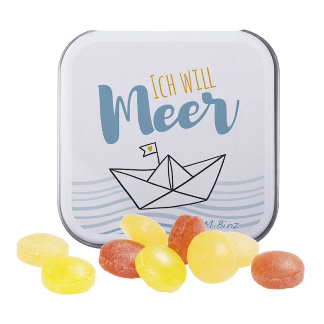 Streuartikel Dose quadratisch M&M's – mit schokolinsen – mit individuellem Etikett 25 g als Werbemittel auf Messen für potenzielle Kunden