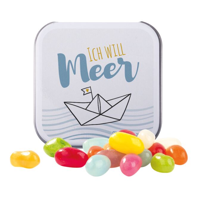 Streuartikel Dose quadratisch M&M's – mit schokolinsen – mit individuellem Etikett 25 g als Werbemittel für Geschäftspartner und Kunden
