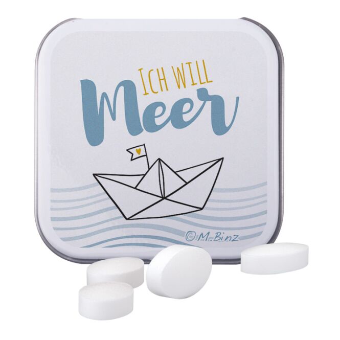 Werbeartikel Dose quadratisch M&M's – schokolade – mit individuellem Etikett 25 g als Firmengeschenk für Geschäftspartner und Kunden