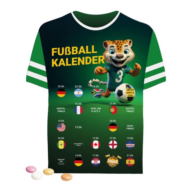 Werbeartikel Event Kalender Trikot – mentos kaudragees – mit bedrucktem Etikett Mentos Kaudragees für Messen und Events an Kunden und Partner