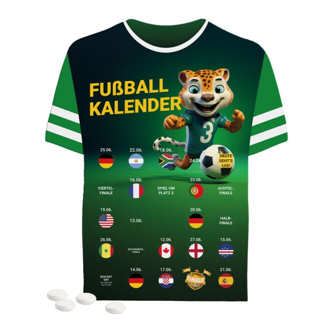 Streuartikel Event Kalender Trikot – mit mentos kaudragees – mit individuell bedruckter hülle als werbemittel für messen und events