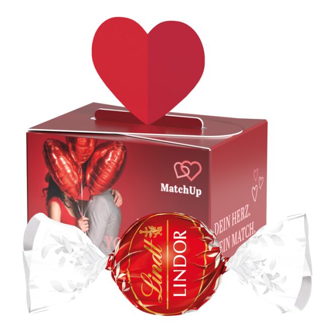 Werbeartikel Geschenkbox Mini Herz – herzförmig – mit individueller Banderole 50g als süßes Werbegeschenk für Kunden und Partner auf Messen