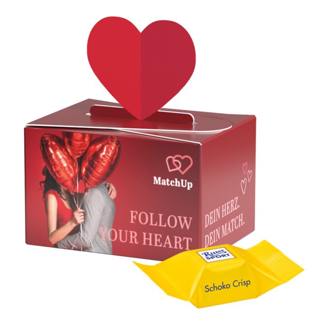 Werbeartikel Geschenkbox Mini Herz – mit schokolade – mit individueller Banderole für Messebesucher als exklusives Werbemittel nutzen