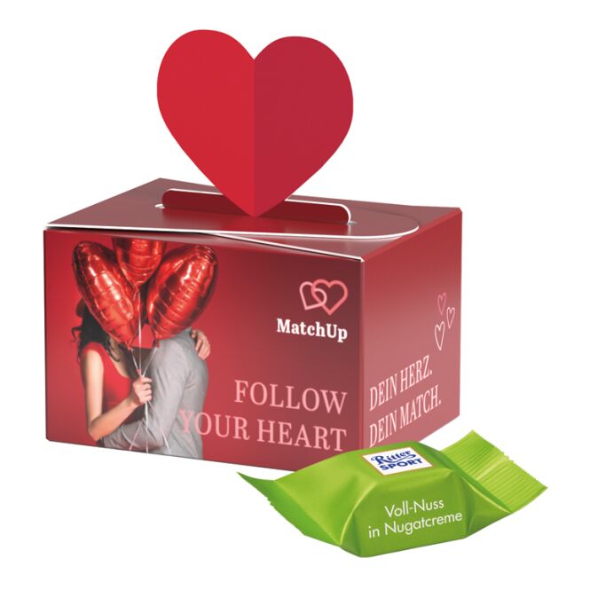 Werbeartikel Geschenkbox Mini Herz – herzförmige schokoladen-überraschung – mit individuell bedrucktem etikett für messen und events