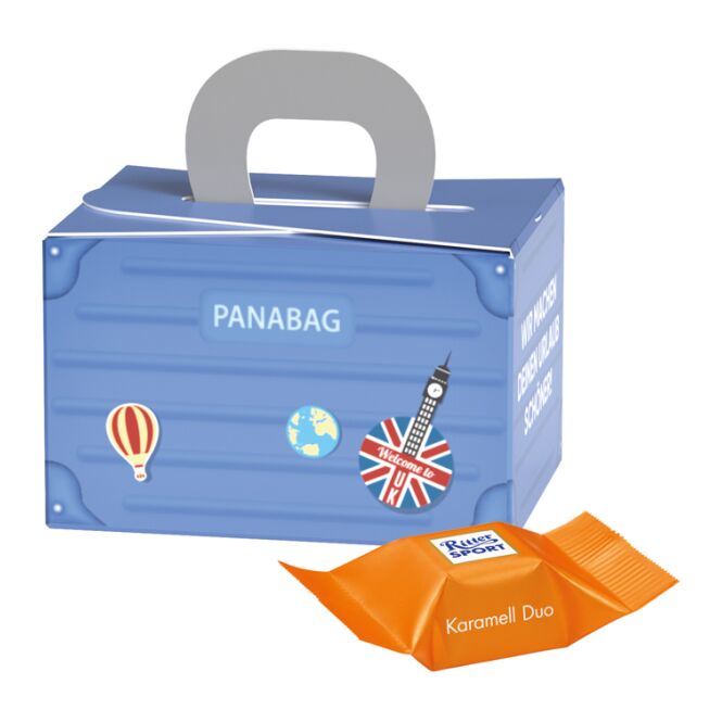 Streuartikel Geschenkbox Mini Koffer – schokolade – inkl. Werbeaufdruck für Messen und Events als Firmengeschenk für Kunden und Partner