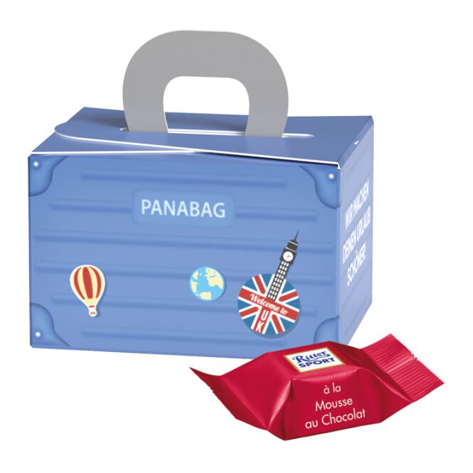 Streuartikel Geschenkbox Mini Koffer – schokolade – mit individueller Banderole als Werbemittel für potenzielle Kunden auf Messen