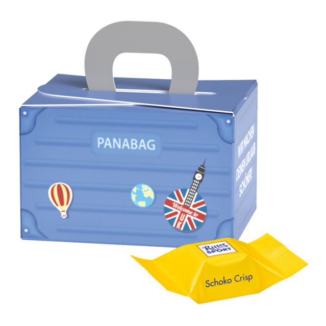 Streuartikel Geschenkbox Mini Koffer – schokolade – mit individueller Banderole als Werbemittel auf Messen für potenzielle Kunden