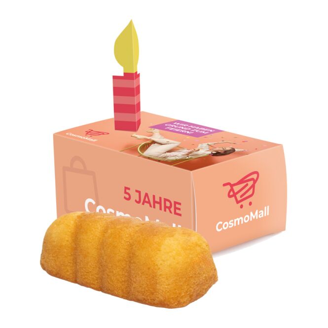 Werbeartikel KuchenMeister Minirührkuchen in Gratulationsbox L – mit individueller Banderole – Werbemittel für Messen, Kunden und Partner