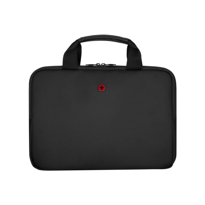 Mitarbeitergeschenk Wenger Guyde 14 Zoll Laptoptasche – schwarz – mit Logo bedruckt nachhaltig aus recyceltem PET für das Homeoffice