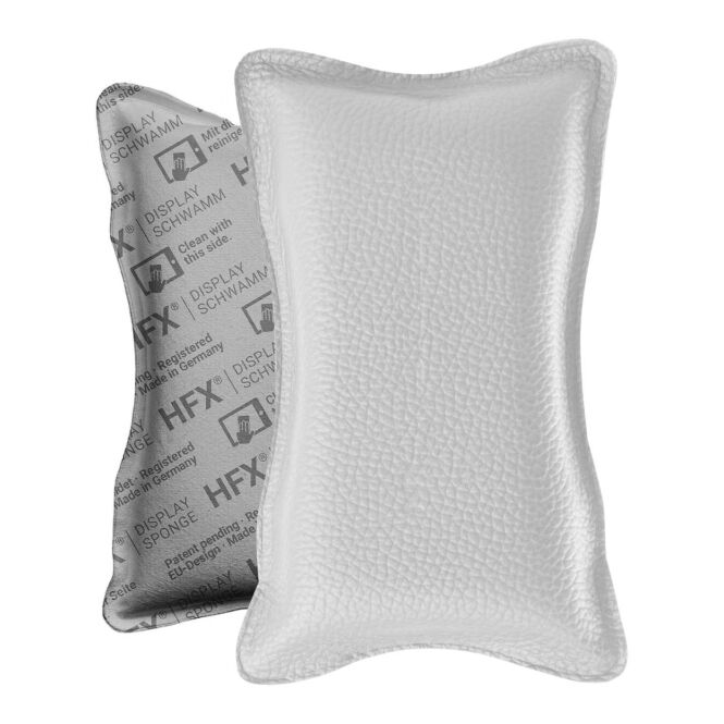 Firmengeschenk Displayschwamm HFX® Color – bunt – mit Blindprägung, veganes Kunstleder, PVC-frei, nachhaltiges Reinigungstool