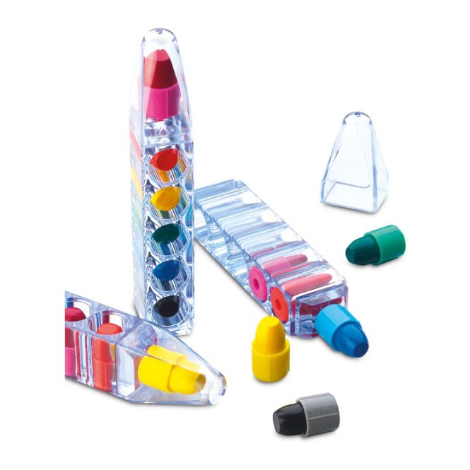 Werbeartikel 6er Set Wachsmalstifte in Box – transparent – mit Logo bedruckt für Schulen, Kitas & Gastronomie