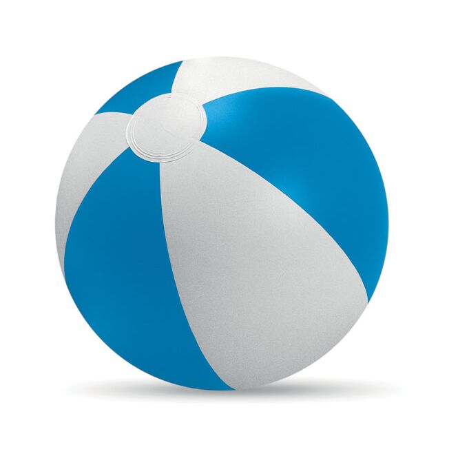 Werbeartikel aufblasbarer Wasserball mit farbigen Streifen – blau – mit Logo bedruckt für Strand-Promotions