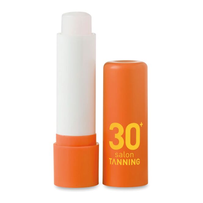 Werbeartikel Lippenpflege Gloss – orange – mit Logo bedruckt, LSF15 schützende Lippenpflege als Giveaway für die Winter-Promotion