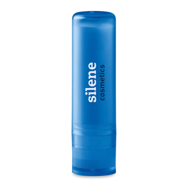 Mitarbeitergeschenk Lippenpflege Gloss – transparent blau – mit Logo bedruckt, LSF15 schützende Lippenpflege für Winter-Promotion