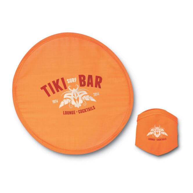 Werbeartikel Frisbee aus Polyester – orange – mit Logo bedruckt für Strand-Promotions und Outdoor-Events