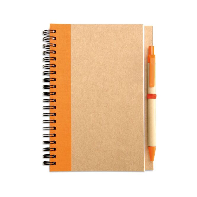 Firmengeschenk Notizbuch – orange – mit individuellem Werbedruck, 70 Seiten recyceltes Papier, Stift inklusive, nachhaltiges Journal