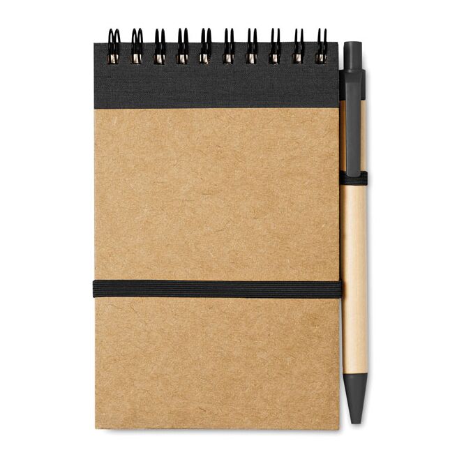 Firmengeschenk Notizbuch DIN A6 recycelt – schwarz – mit Logo bedruckt 70 Seiten Blanko, Stift biologisch abbaubar nachhaltiges Journal