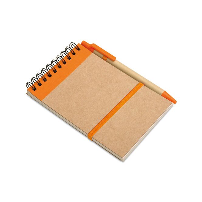 Firmengeschenk Notizbuch DIN A6 – orange – mit individuellem Werbedruck 70 Seiten Recyclingpapier Kugelschreiber nachhaltiges Journal