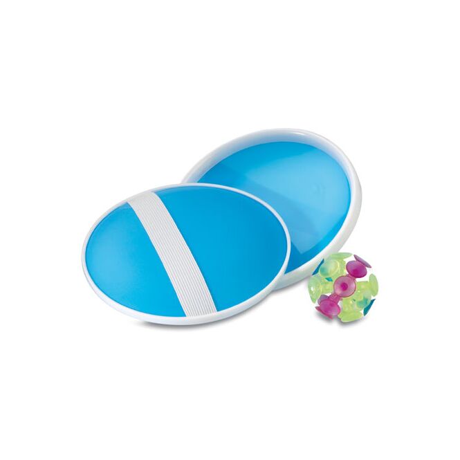 Werbeartikel Ballspiel 3-teilig mit 2 Schlägern & Ball – blau – mit Logo bedruckt für Messen & Promotion
