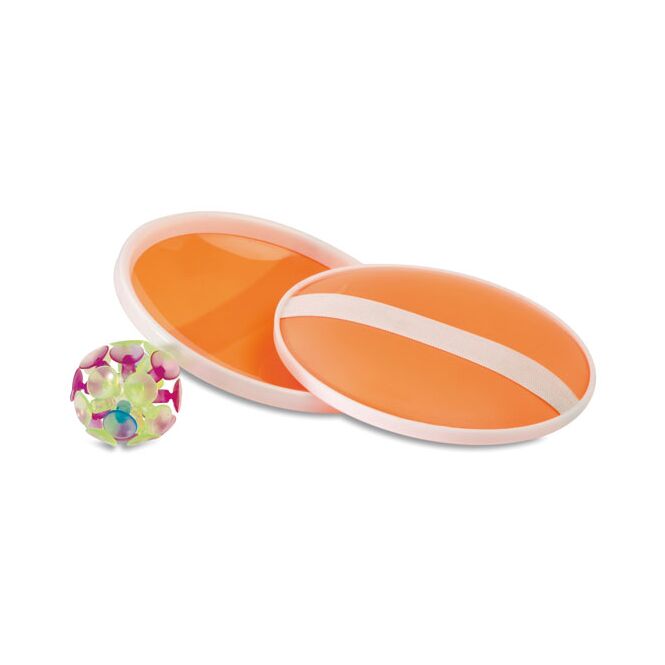 Werbeartikel Ballspiel-Set mit 2 Schlägern & Ball – orange – mit Logo bedruckt für Messen & Promotion