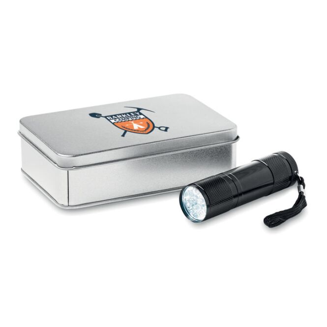 Werbeartikel LED Taschenlampe – schwarz – mit Lasergravur 9 LEDs inkl. 3 AAA Batterien kompakter Lichtspender für unterwegs