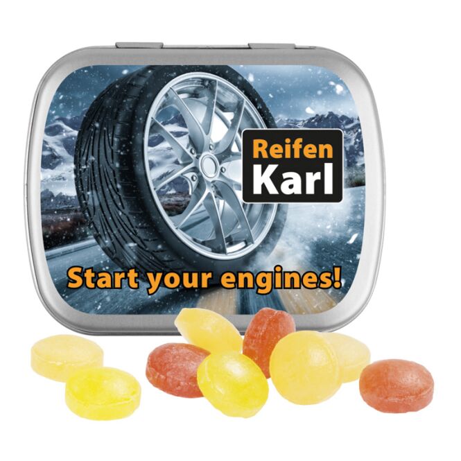 Streuartikel Klappdose Metall – pfefferminz – mit individuellem Etikett 19 g als hochwertiges Werbemittel für potenzielle Kunden und Partner