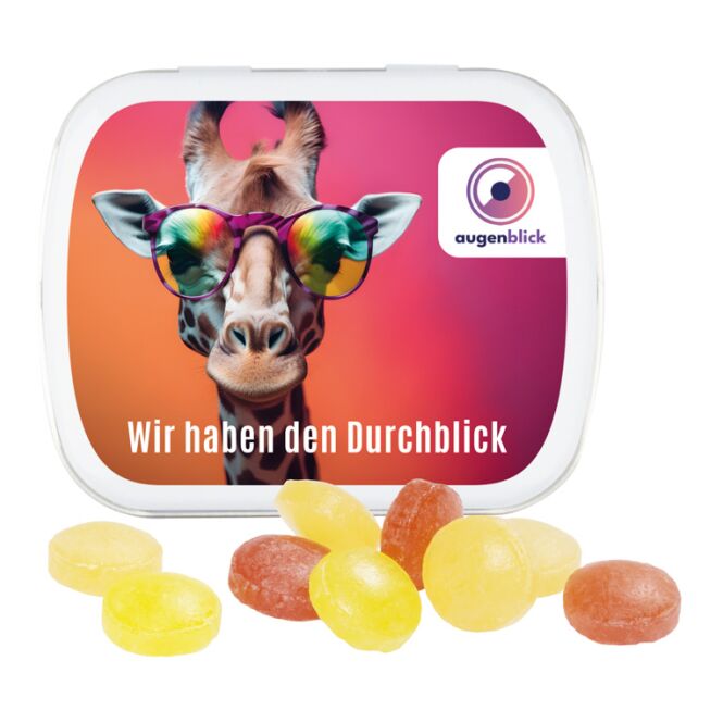 Werbeartikel Klappdose mit M&M's – schokolinsen – mit individuellem Etikett 22g als Werbemittel für Geschäftspartner auf Messen und Events