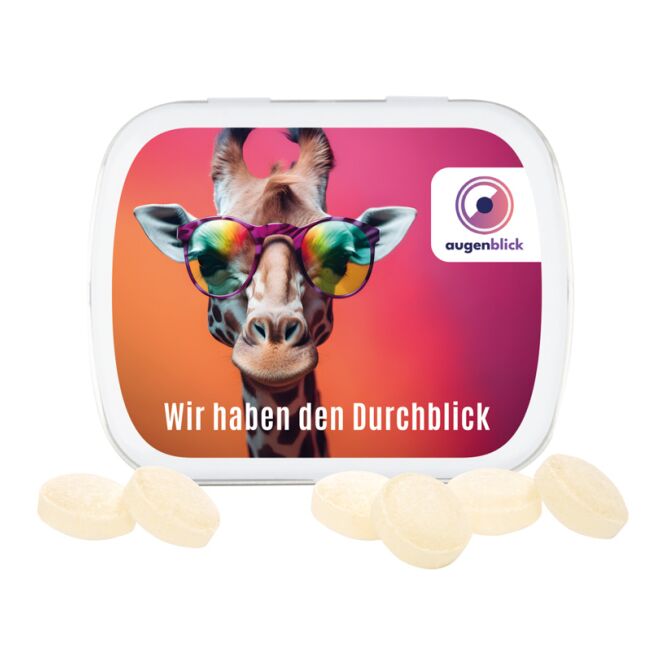 Werbeartikel Klappdose Pfeffi – pfefferminz – mit individuellem Etikett 19 g als praktisches Give-away für Kunden und Geschäftspartner
