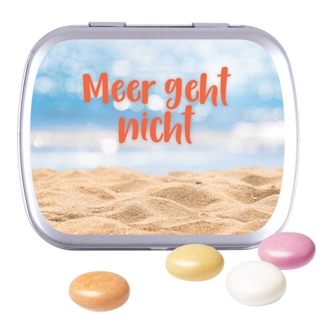 Werbeartikel Scharnierdeckeldose – zuckerfreie pfefferminzpastillen von pfeffi – mit individuellem Etikett 19 g als Messen-Werbemittel
