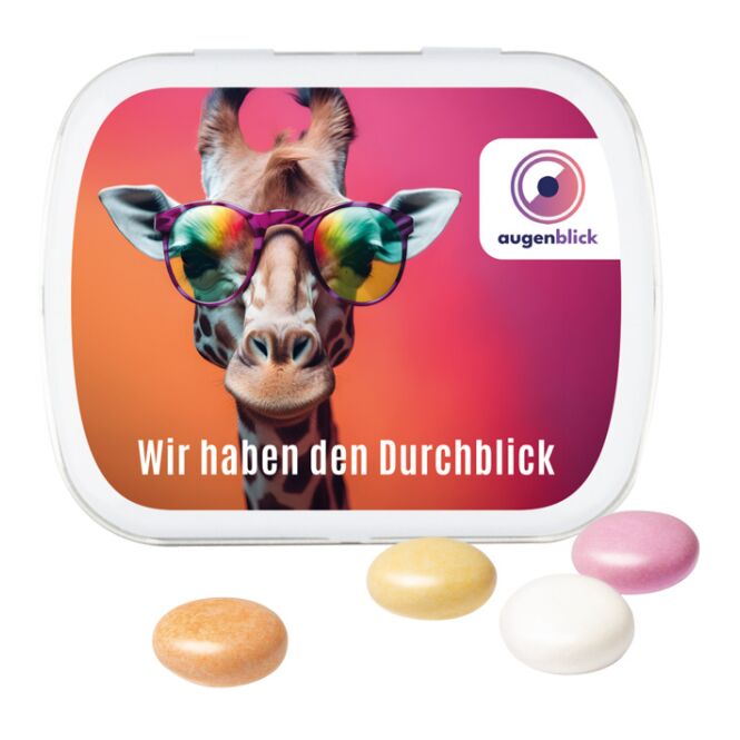 Streuartikel Klappdose Pfeffi – pfefferminze – mit individuellem Etikett 19 g als B2B-Werbegeschenk für Kunden und Partner auf Messen