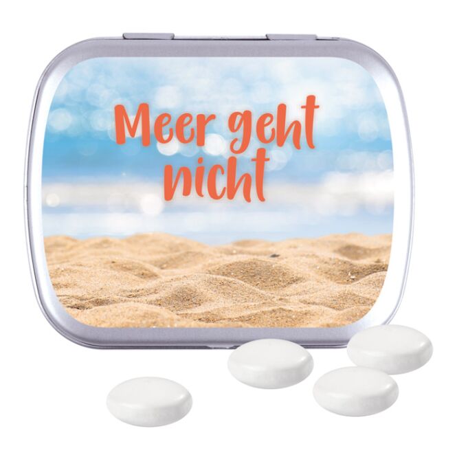 Streuartikel Klappdose mit M&M's – schokolade – mit Logo bedruckt 22 g ideal als Werbemittel auf Messen und Events für potenzielle Kunden